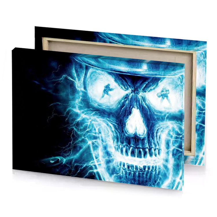 a skull with hat on it s head sky blue canvas
