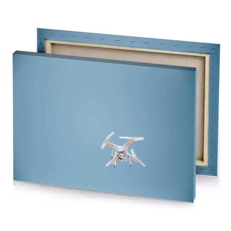 a small white drone flying in the sky silver canvas