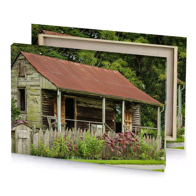 a small wooden house with rusty roof dark olive green canvas