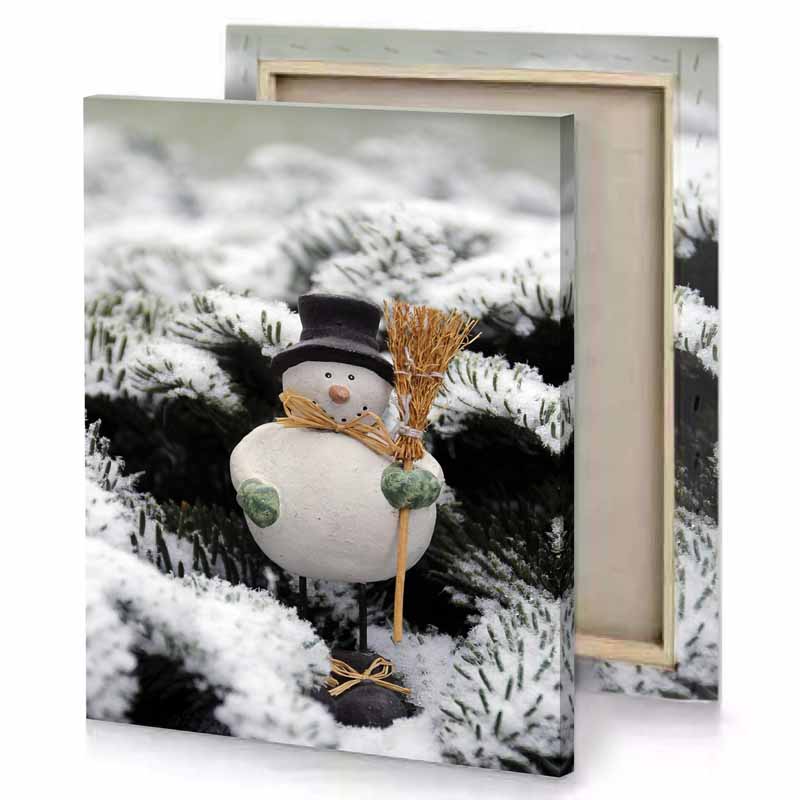 a snowman in pine tree sienna canvas