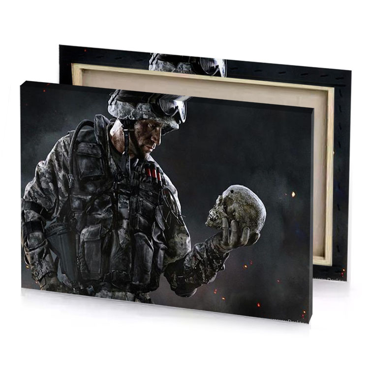 a soldier holding skull in his hand charcoal canvas