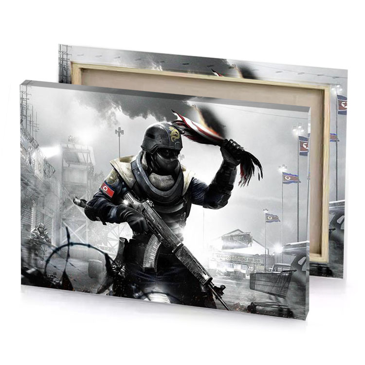 a soldier in city with smoke coming from his head smoky black canvas