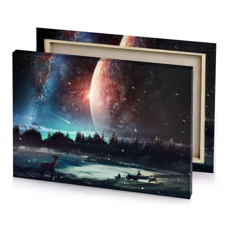 a space scene with planet and deer moonstone blue canvas