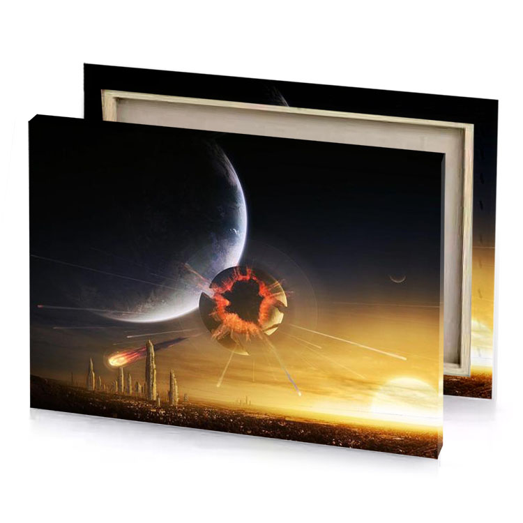 a spaceship flying over city at sunset copper canvas