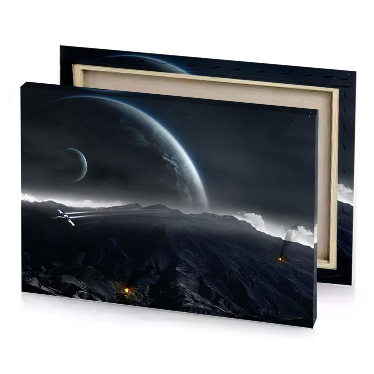 a spaceship flying over mountain with moon in the background charcoal canvas