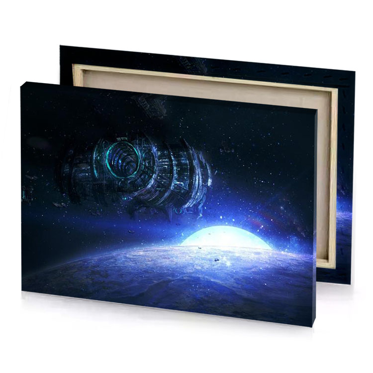 a spaceship flying over planet with bright blue light cerulean canvas