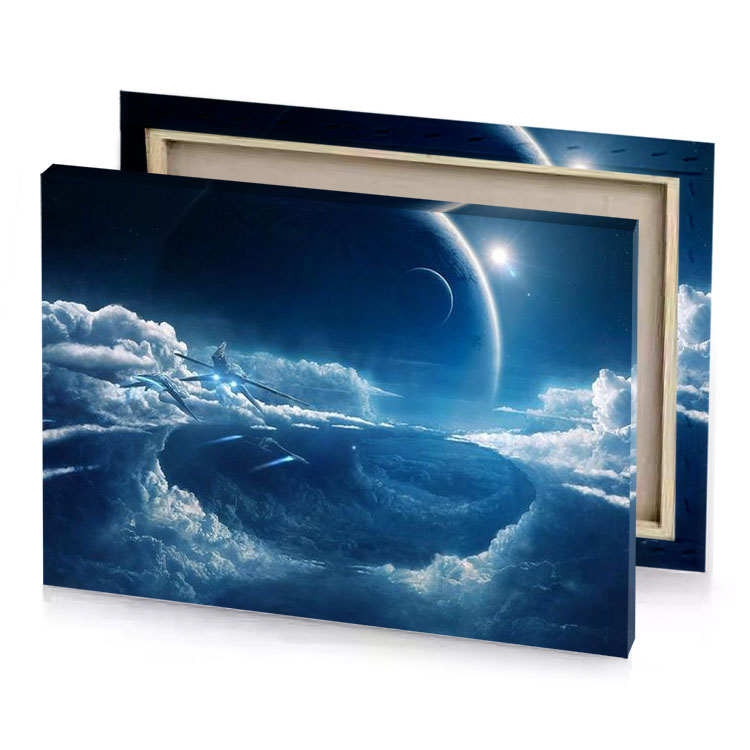 a spaceship flying through the clouds in space blue sapphire canvas