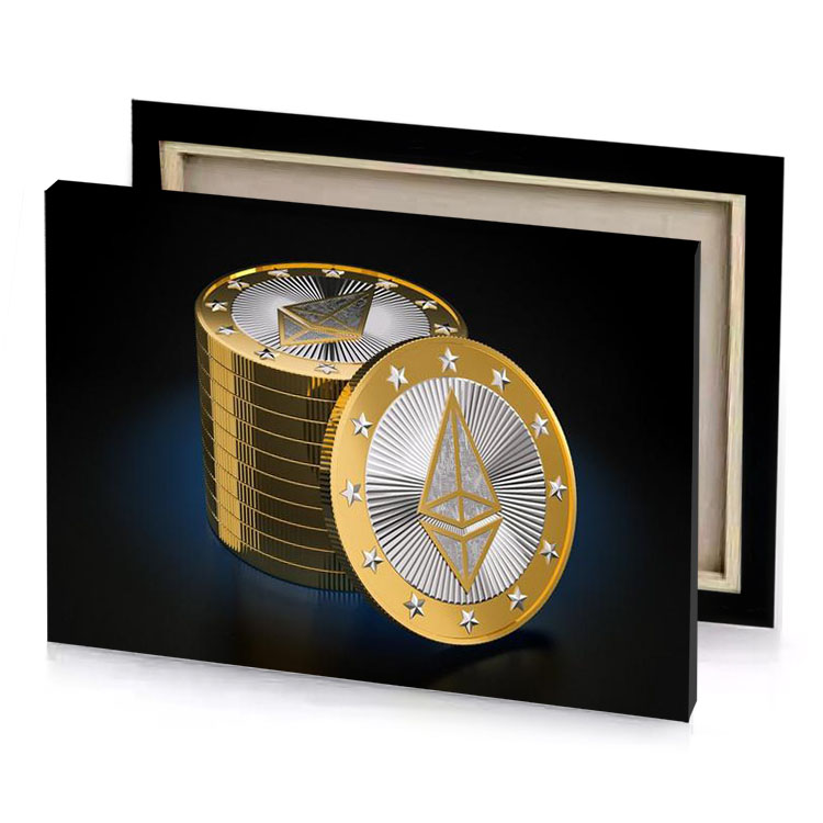 a stack of gold and silver coins with star on bistre canvas