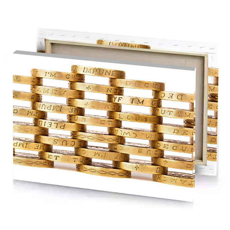 a stack of gold coins with the words money written burlywood canvas