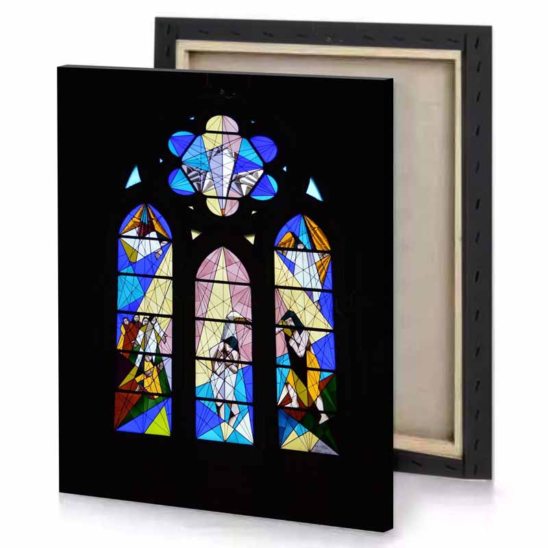 a stained glass window with man and woman royal blue canvas