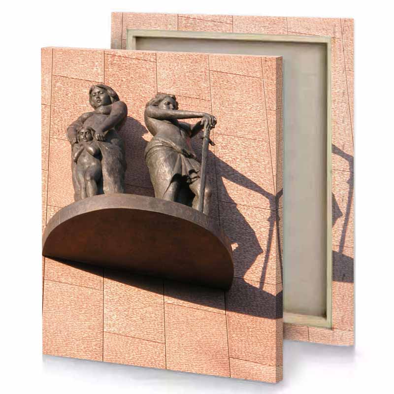 a statue of two men on wall bistre canvas