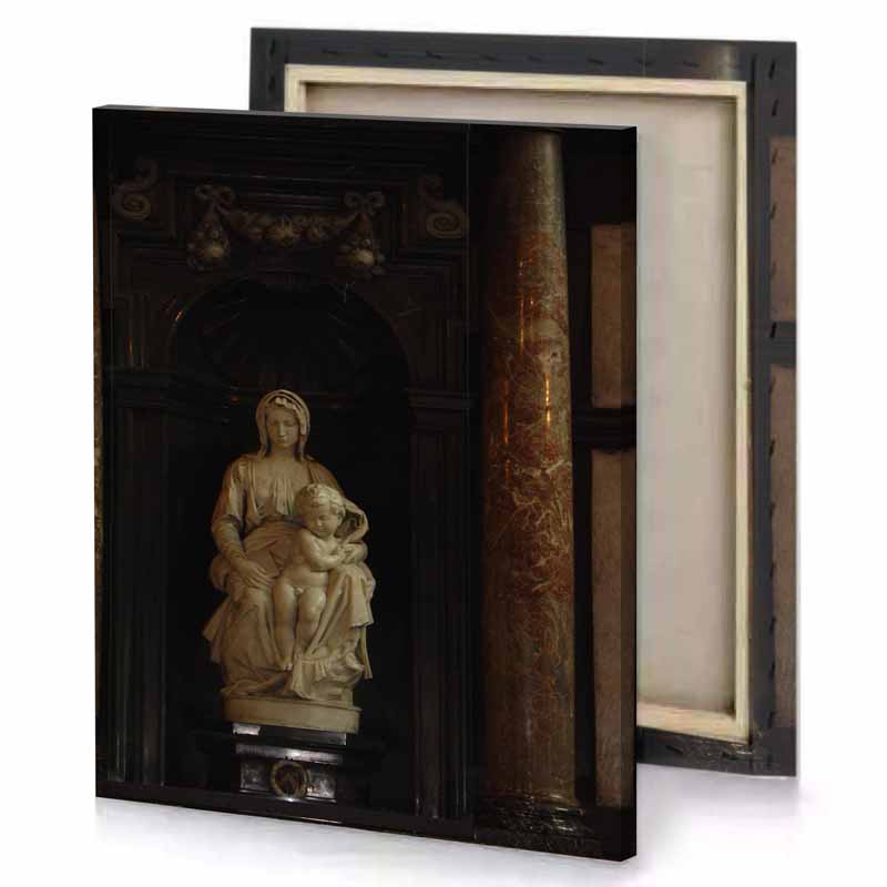 a statue of woman holding baby dark olive green canvas
