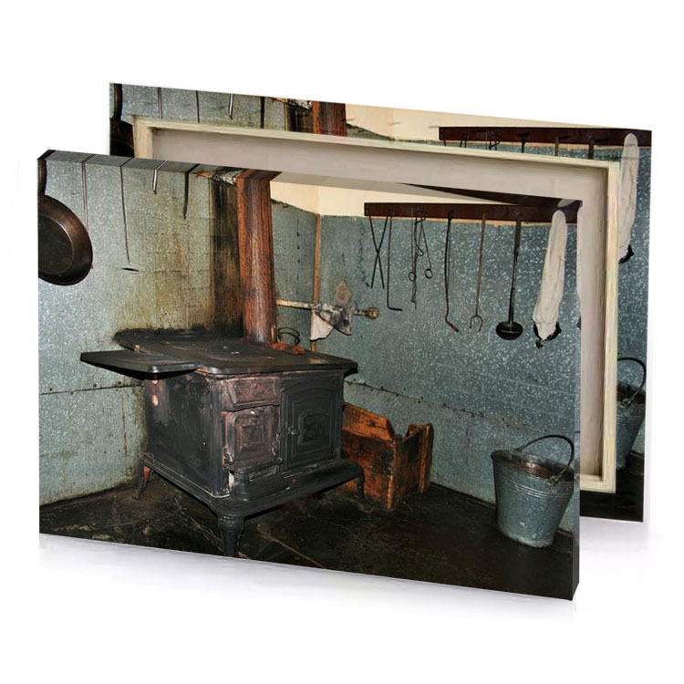 a stove in room with wall of mud dim gray canvas