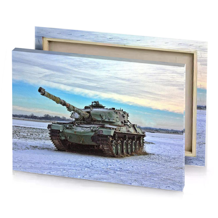 a tank sitting in the snow on snowy field taupe canvas