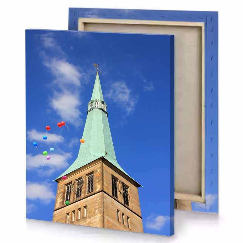 a tower with clock and bunch of balloons cerulean blue canvas