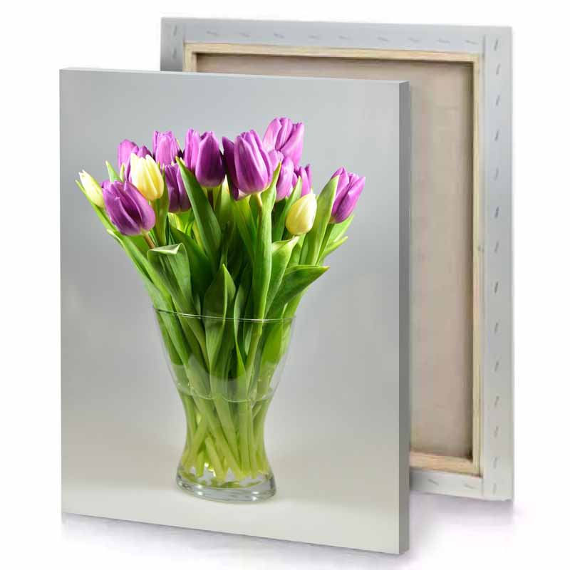 a vase of purple and yellow tulips olive drab canvas