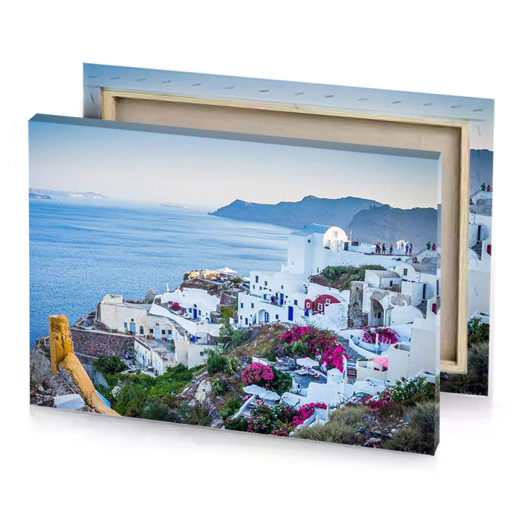 a view of the aegean sea and white buildings light steel blue canvas