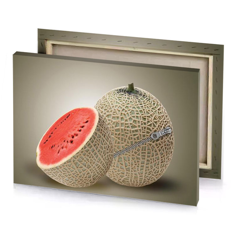 a watermel with piece cut in half sunset orange canvas