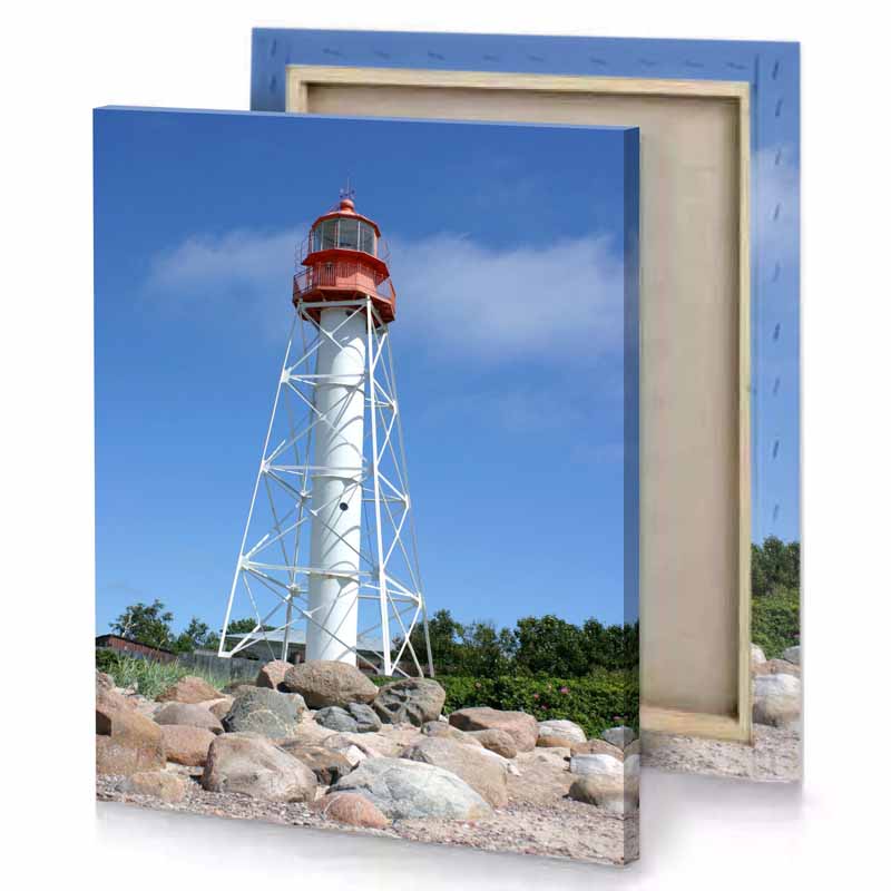 a white and red lighthouse iceberg canvas