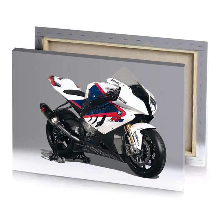 a white and red motorcycle is parked on gray surface smoky black canvas