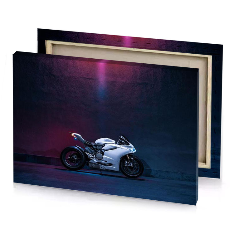 a white motorcycle parked in dark room smoky black canvas