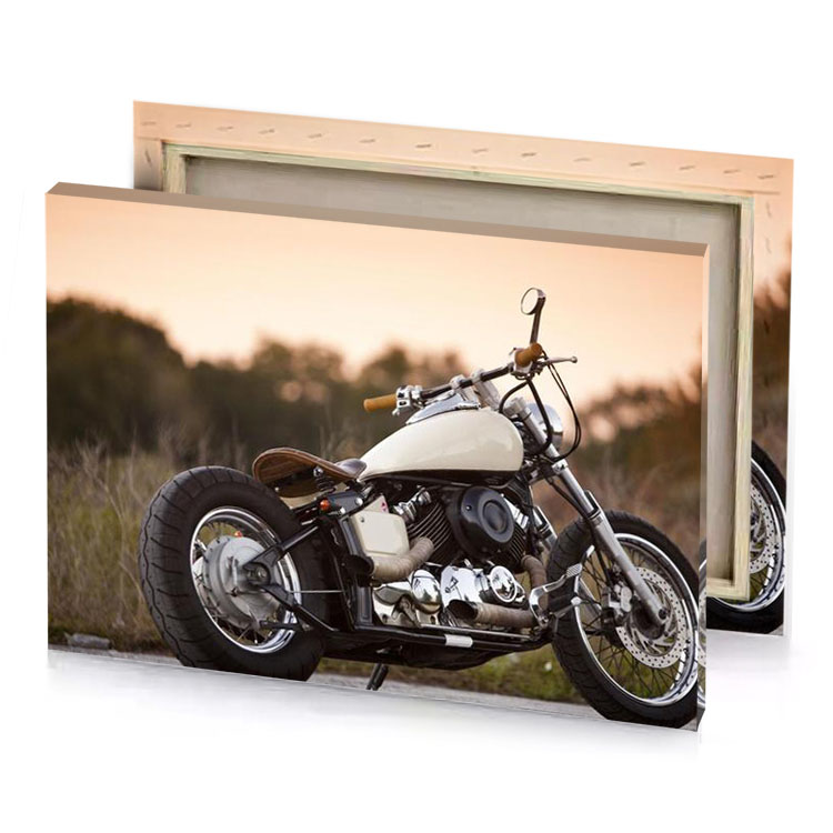 a white motorcycle parked on road next to forest antique canvas