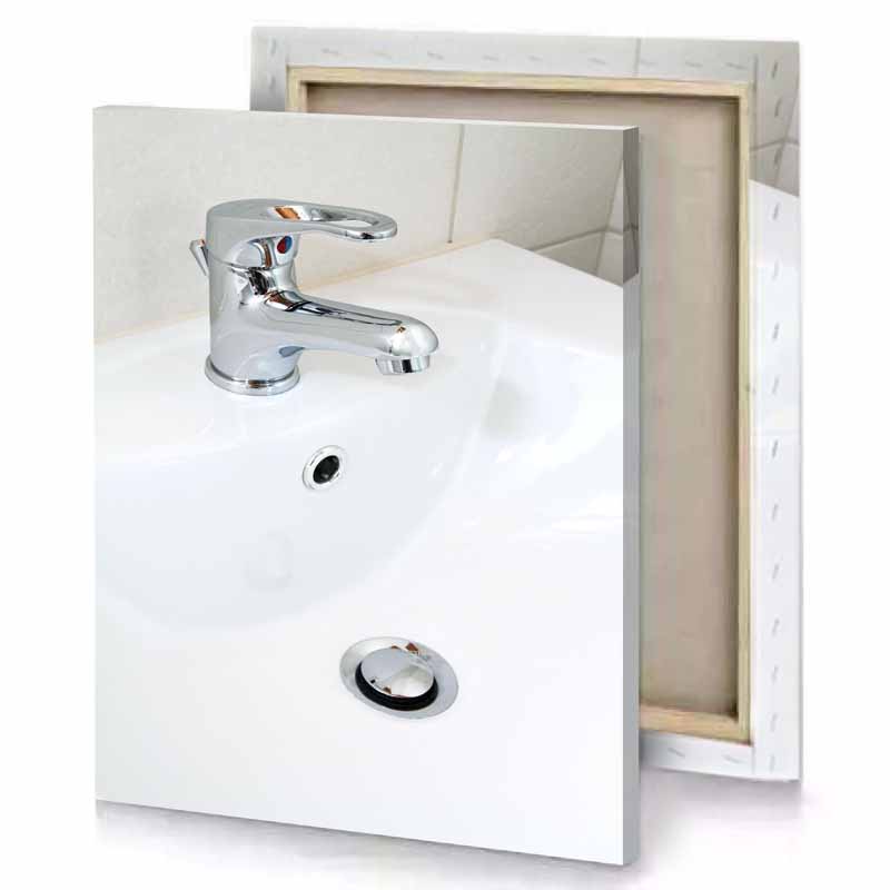 a white sink with chrome fauce silver canvas