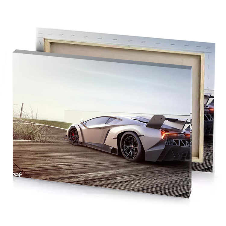 a white sports car parked on wooden deck linen canvas