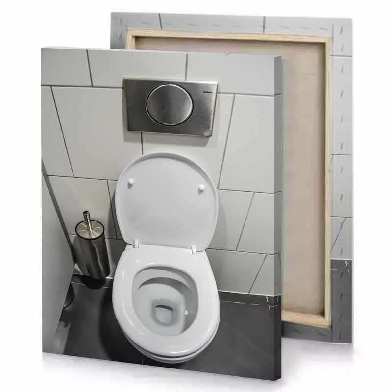 a white toilet with silver lid canvas