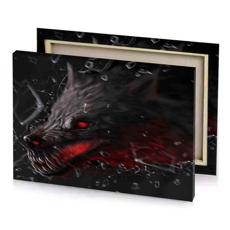 a wolf with red eyes and black background garnet canvas