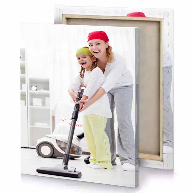 a woman and little girl are cleaning the floor white smoke canvas