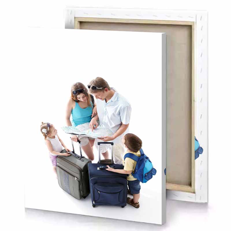 a woman and two children are looking at map ghost white canvas