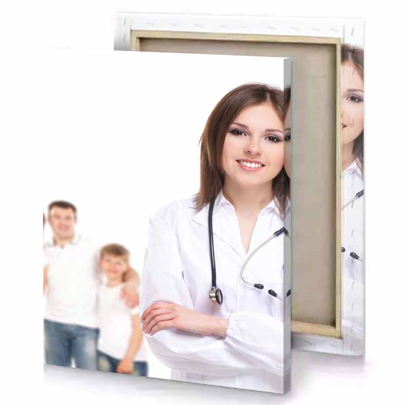 a woman doctor standing with her arms crossed white smoke canvas