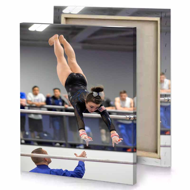 a woman doing trick on bar smoky black canvas