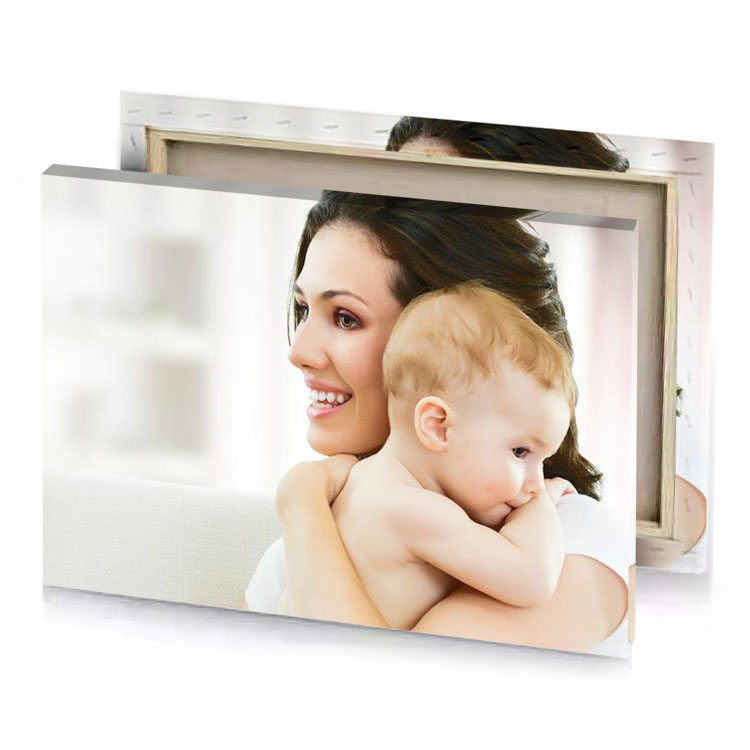 a woman holding baby in her arms linen canvas