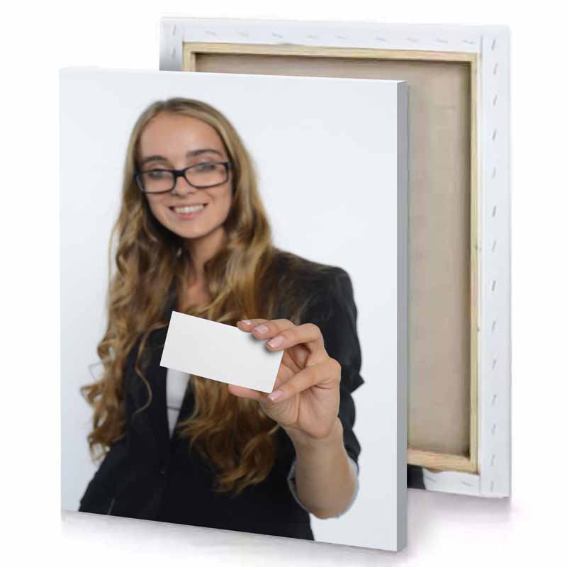 a woman holding business card in her hand lavender canvas
