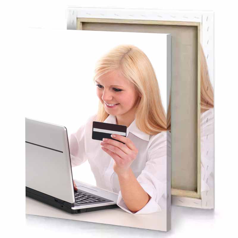 a woman holding credit card white smoke canvas
