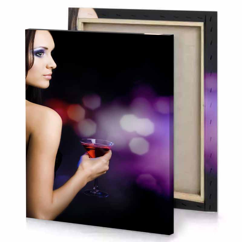 a woman holding glass of wine smoky black canvas
