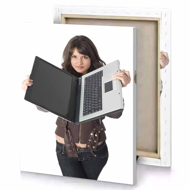 a woman holding laptop computer snow canvas