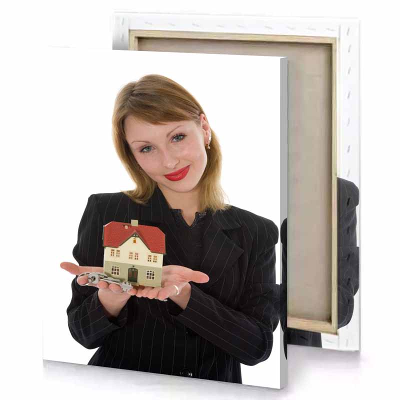 a woman holding model house in her hands smoky black canvas