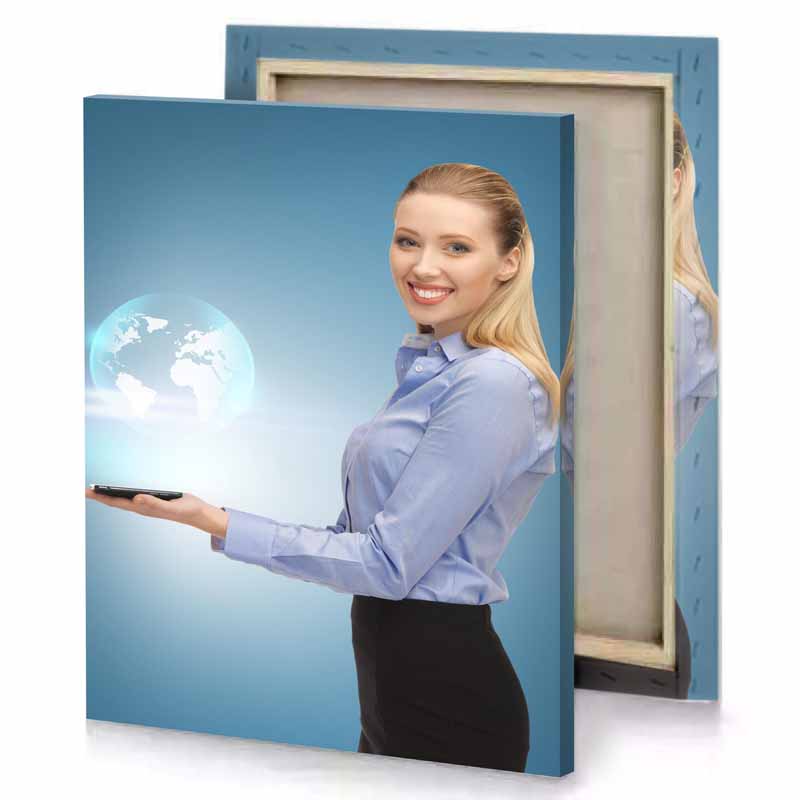 a woman holding tablet teal blue canvas
