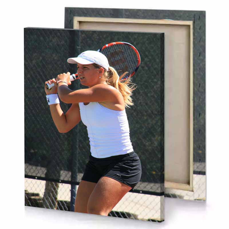 a woman holding tennis racket on court bistre canvas