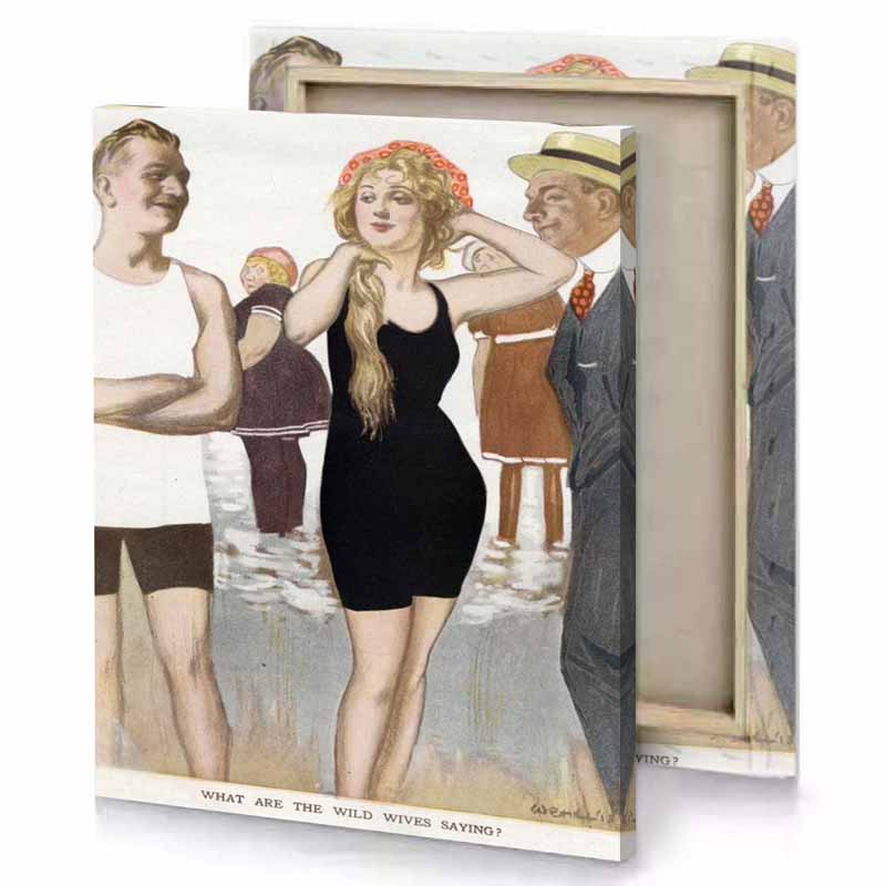 a woman in black dress and hat is standing next linen canvas