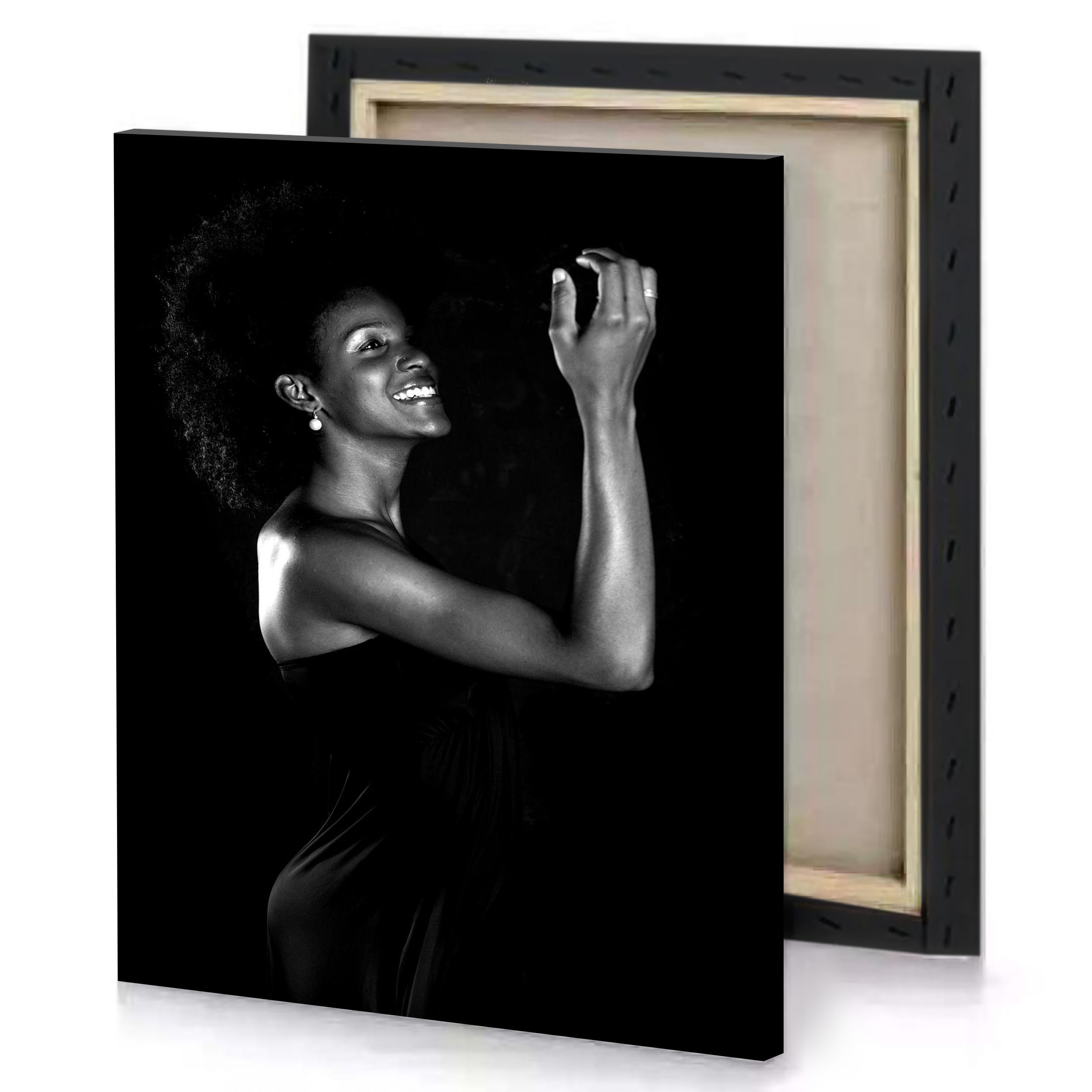 a woman in black dress holding cigarette canvas