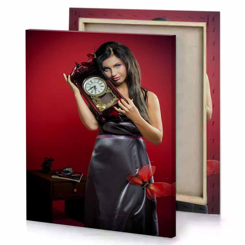 a woman in black dress holding clock brown canvas