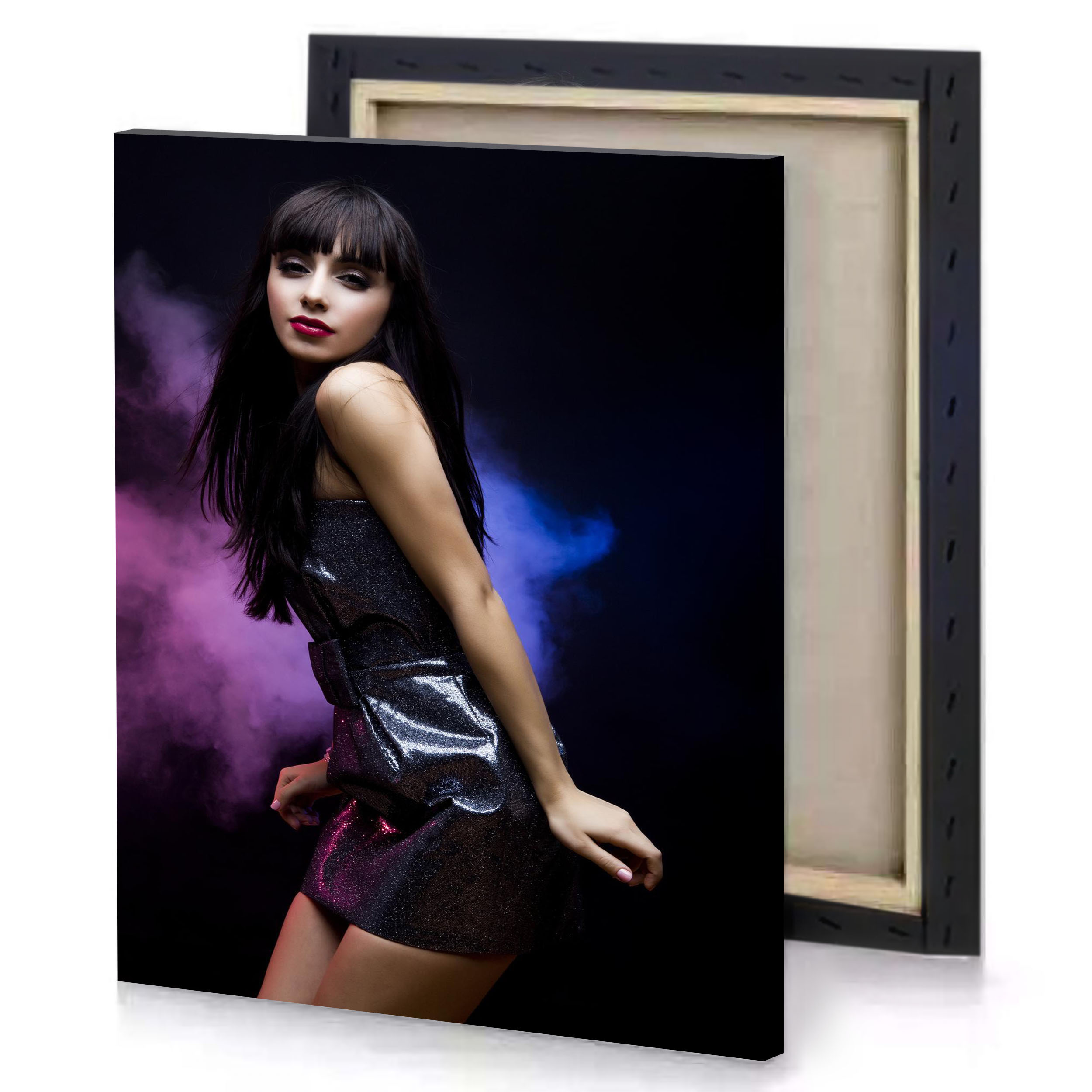 a woman in black dress posing for picture smoky canvas