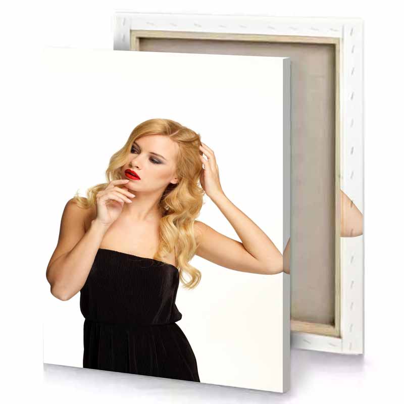 a woman in black dress with red lipstick snow canvas