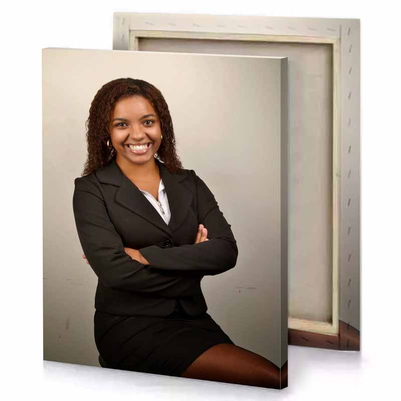 a woman in black suit and white shirt silver canvas