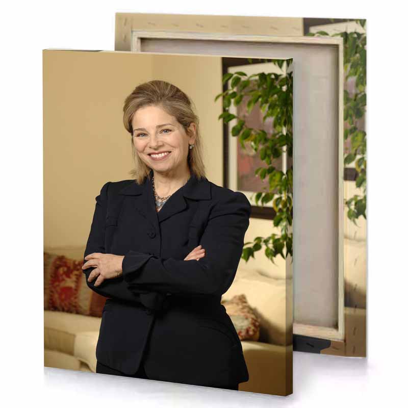 a woman in black suit smoky canvas
