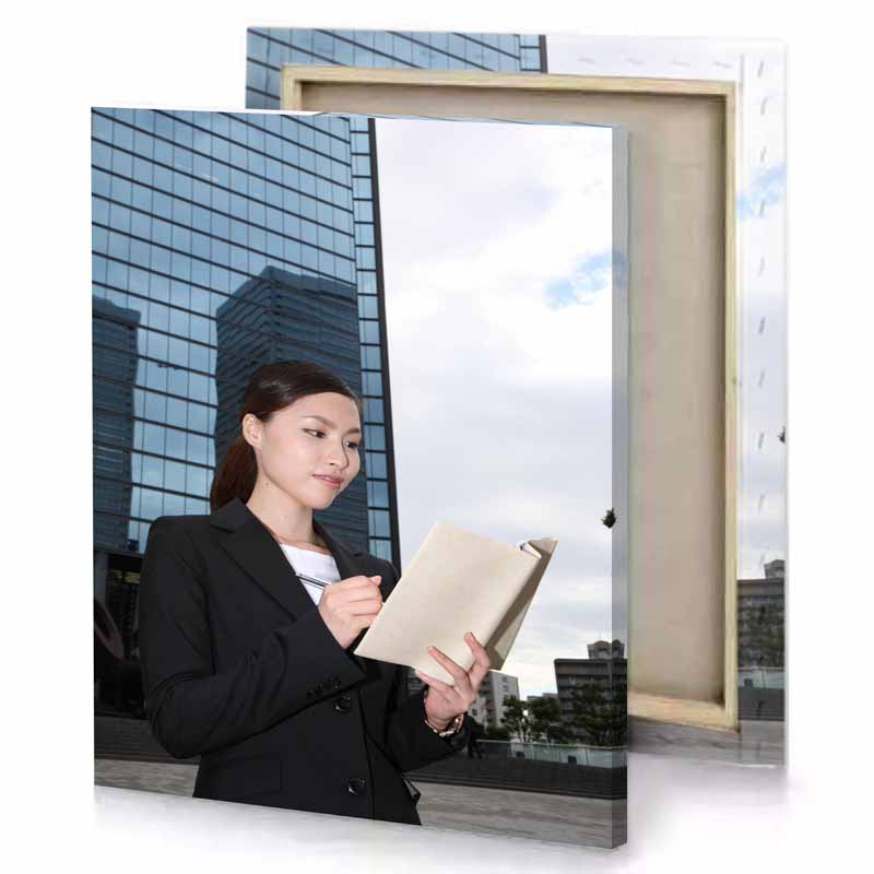 a woman in black suit white smoke canvas